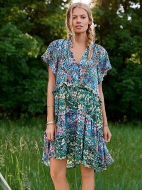 Anthropologie Blue Green Floral Ruffle Mini Dress